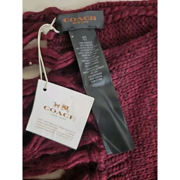 Coach Star Intarsia Long Fringe Scarf Wool Blend Bright Berry Orchid F86021 NWT. - Picture 2 of 14